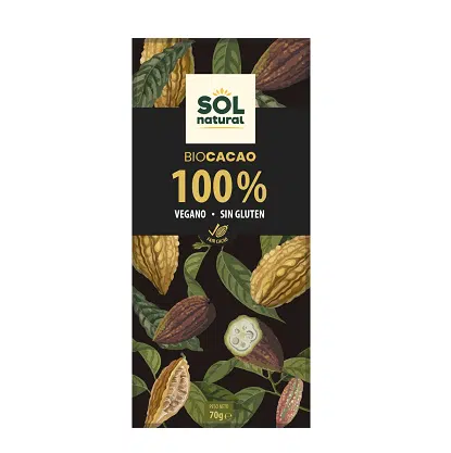 Chocolate puro 100% vegano - sin gluten - SOL NATURAL 70g