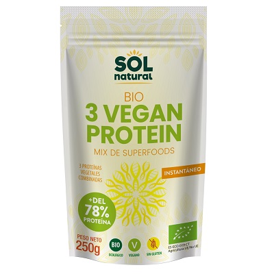 3 Vegan Protein bio -sin gluten, sin azúcar- SOL NATURAL 250g