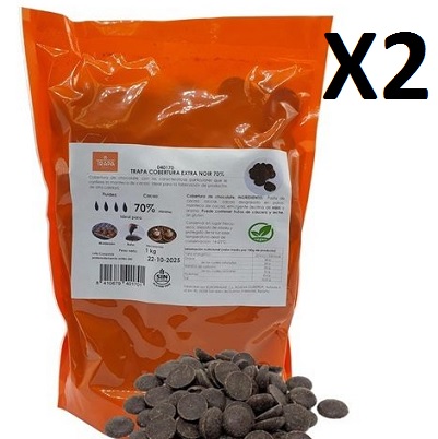 PACK AHORRO 2 X Cobertura de Chocolate 70% Cacao en Gotas Extra Noir- sin gluten, vegano- TRAPA 1kg 1 PACK AHORRO 2 X Cobertura de Chocolate 70% Cacao en Gotas Extra Noir- sin gluten, vegano- TRAPA 1kg